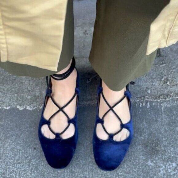💙 ZARA Velvet Ballet Flats NWT | Ankle Wrap Tie Closure Navy Blue 7.5–9 - Picture 11 of 16